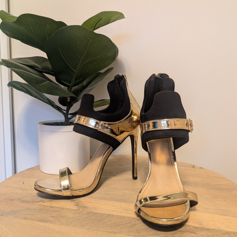 KAYLEEN by Los Angeles, Gold / Blk Heels, Buckle Accents, 5 Inch, Sz 9